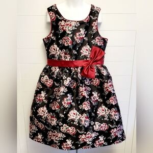 Badgley Mischka Girls Dress Size 14 Black Red Bow Embroidered Floral Jacquard